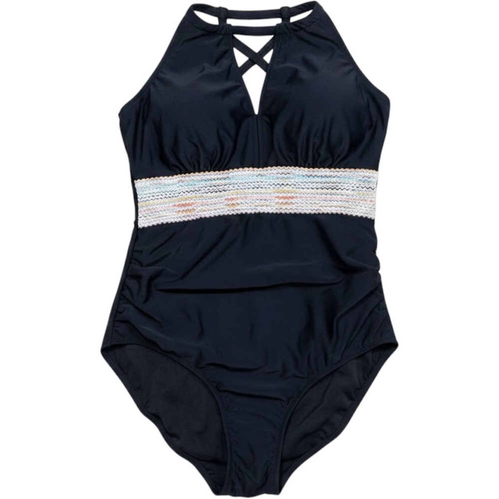 Blooming Jelly Womens One Piece Swimsuit Large Black Ruched Strappy High Neck